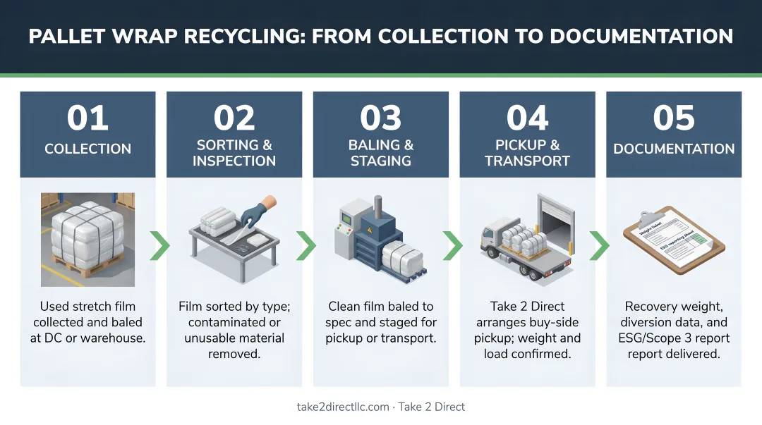 5-step pallet wrap recycling process from collection to documentation infographic