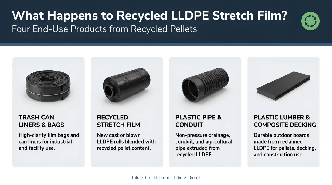 Four end-use products made from recycled LLDPE stretch film pellets