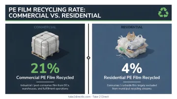 Commercial versus residential PE film recycling rate comparison 21 percent vs 4 percent