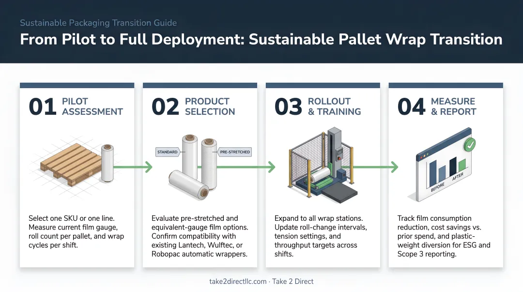 4-step sustainable pallet wrap transition process from pilot to full deployment infographic