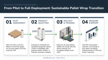 4-step sustainable pallet wrap transition process from pilot to full deployment infographic