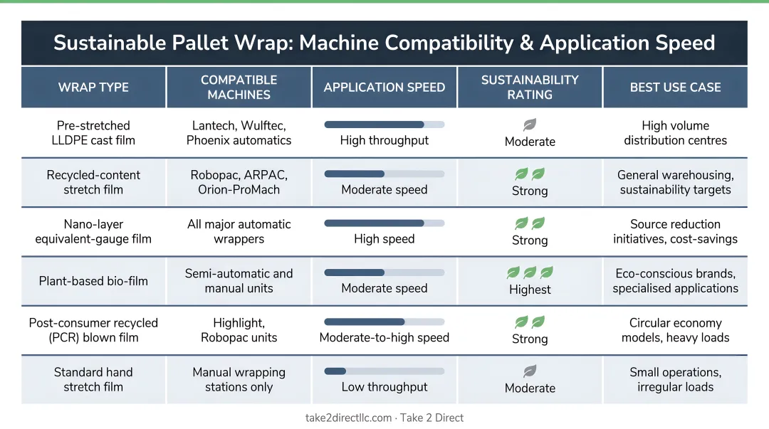 Sustainable pallet wrap machine compatibility and application speed comparison table infographic