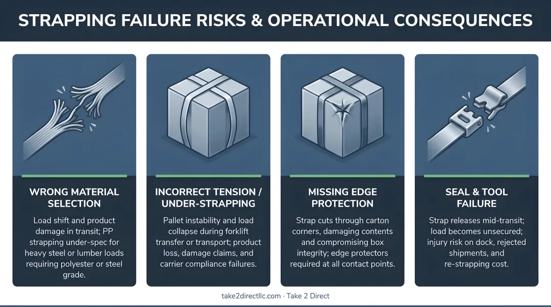 Four strapping failure risks and operational consequences comparison infographic