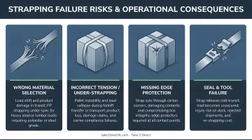 Four strapping failure risks and operational consequences comparison infographic