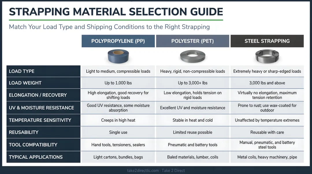 Strapping material selection decision guide based on load type and shipping conditions