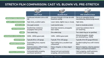 Cast versus blown versus pre-stretch film type comparison infographic for pallet wrapping