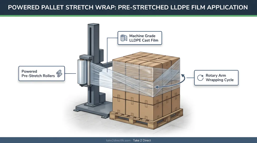 Powered pallet stretch wrap machine applying pre-stretched film to warehouse pallet