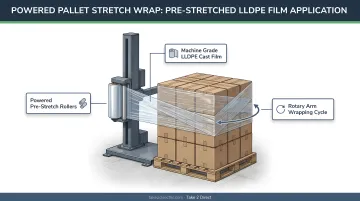 Powered pallet stretch wrap machine applying pre-stretched film to warehouse pallet