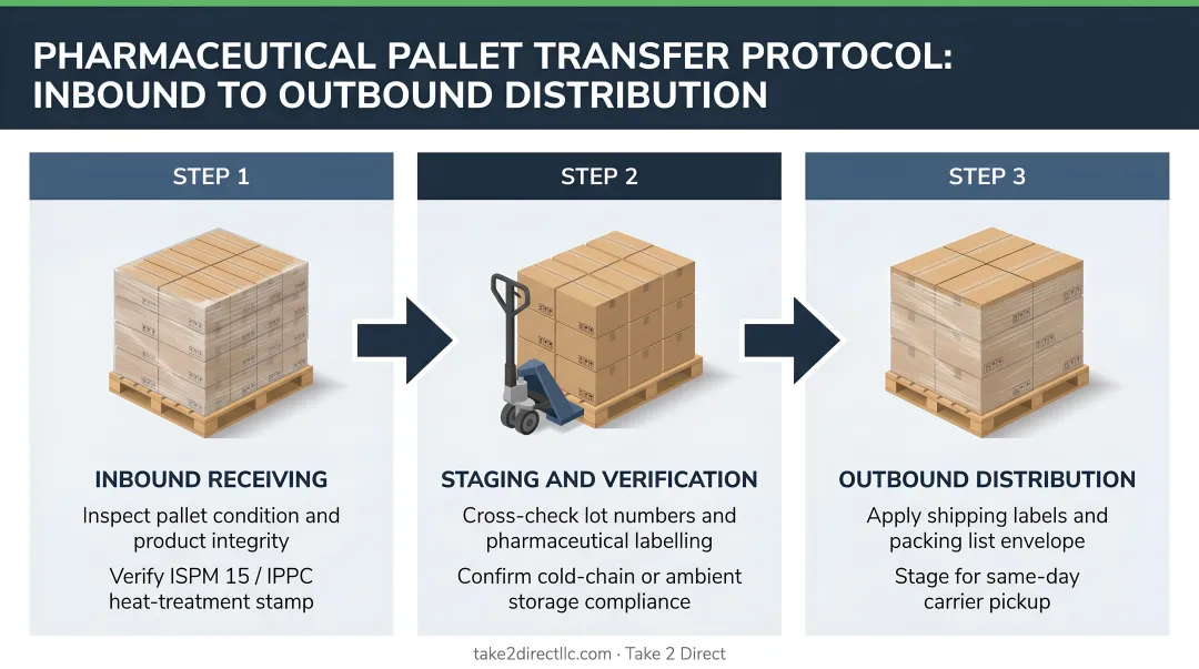 Three-step pharmaceutical pallet transfer protocol from inbound to outbound distribution