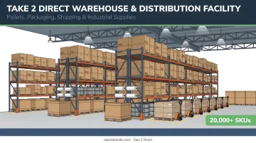 Take 2 Direct warehouse facility stocked with corrugated shipping boxes and packaging supplies