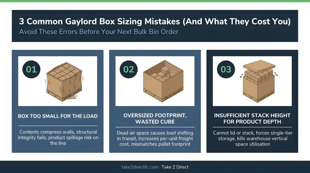 Three common Gaylord box sizing mistakes and their consequences visual summary