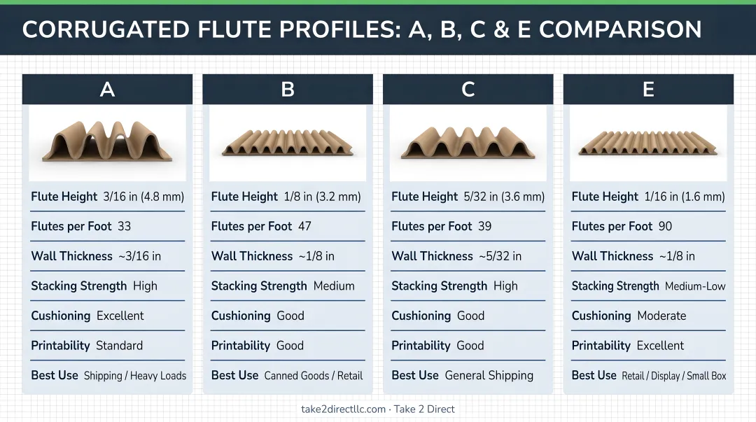 Four corrugated flute profiles A B C E comparison chart with specs