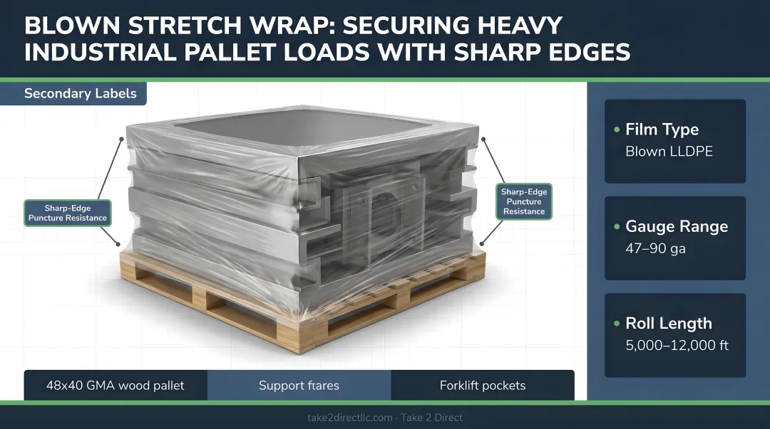 Blown stretch wrap securing heavy industrial pallet load with sharp edges