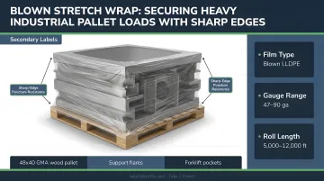 Blown stretch wrap securing heavy industrial pallet load with sharp edges