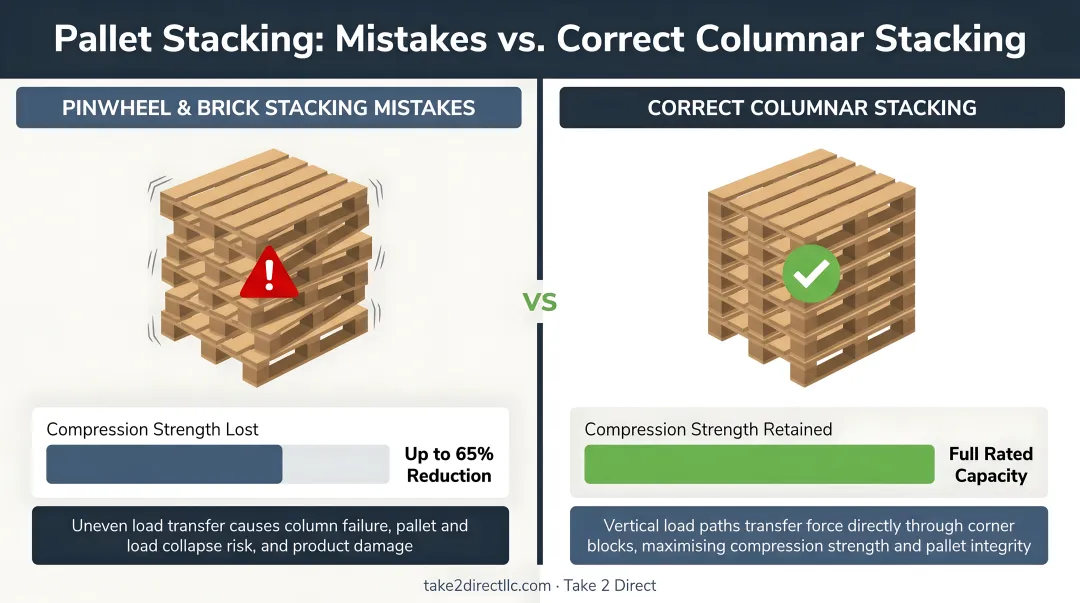 Pallet stacking mistakes versus correct columnar stacking compression strength comparison