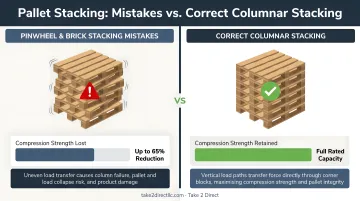 Pallet stacking mistakes versus correct columnar stacking compression strength comparison