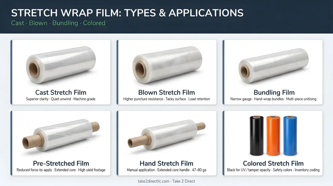 Various stretch wrap film types including cast blown bundling and colored rolls displayed