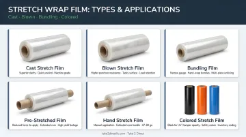Various stretch wrap film types including cast blown bundling and colored rolls displayed