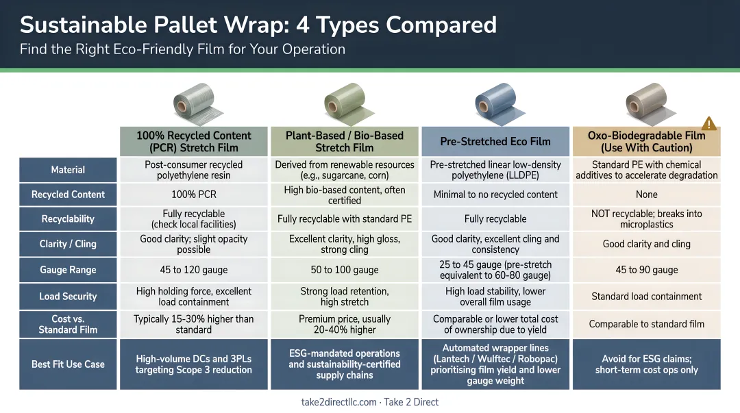 Four sustainable pallet wrap types comparison chart with attributes and best fit use cases