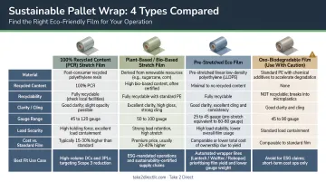 Four sustainable pallet wrap types comparison chart with attributes and best fit use cases