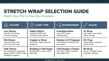 Four-variable stretch wrap selection framework covering volume load type environment and gauge