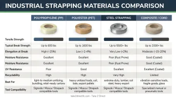 Four industrial strapping material types comparison chart tensile strength and applications
