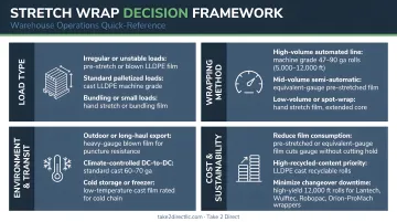 Four-variable stretch wrap decision framework infographic for warehouse operations