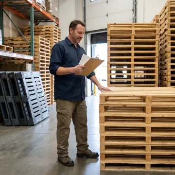 Warehouse worker organizing pallets for shipment