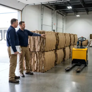 Baled cardboard recycling in a warehouse