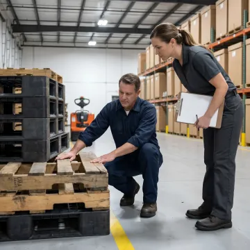 Warehouse team sorting recyclable pallets