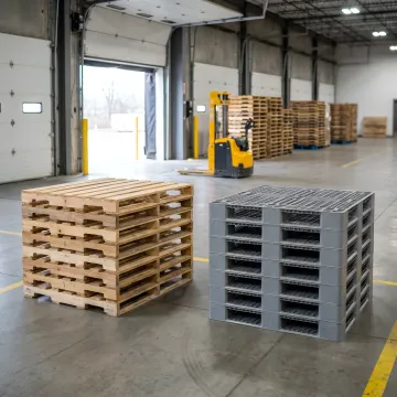 Stacks of recycled and specialty pallets in a warehouse