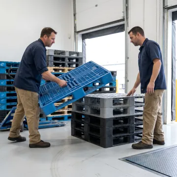 Warehouse team sorting plastic pallets for recycling