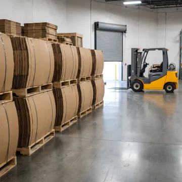 Baled cardboard stacked in warehouse