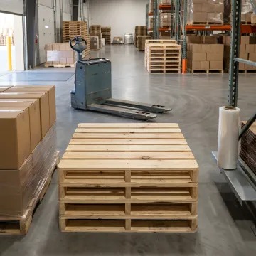 Custom wood pallets stacked in a warehouse