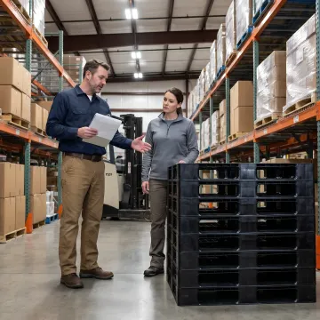 Warehouse team reviewing custom plastic pallets