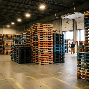 Recycled pallets organized in warehouse