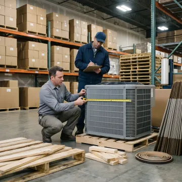 Warehouse team preparing HVAC appliance pallets