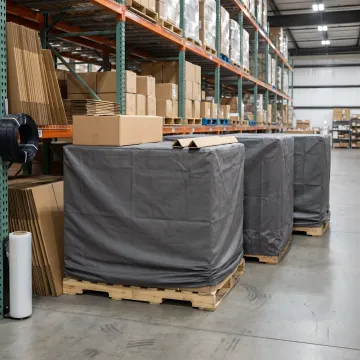Reusable pallet wrap covers in warehouse
