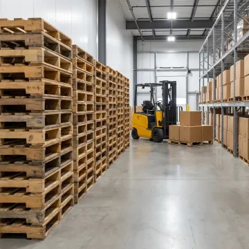 Stacked recycled pallets in warehouse