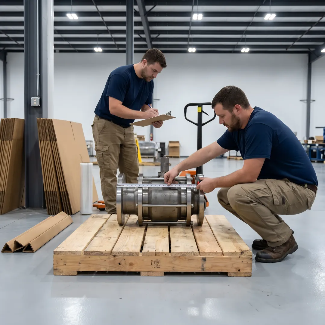 Industrial team preparing custom palletized equipment