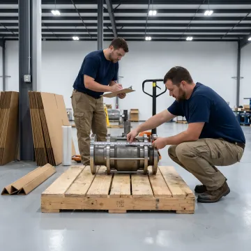 Industrial team preparing custom palletized equipment