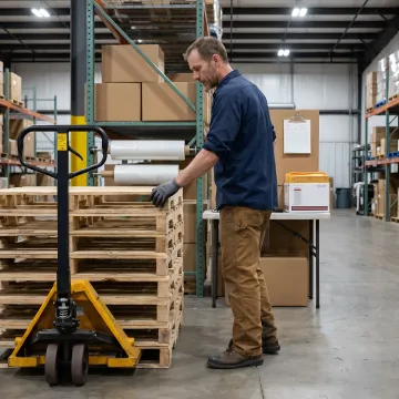 Worker inspecting custom wood pallets in a warehouse
