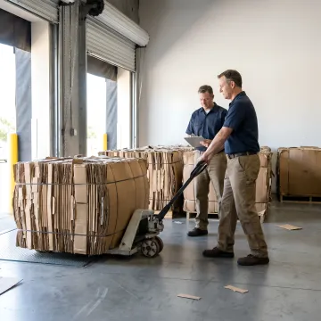 Warehouse team preparing baled cardboard for recycling