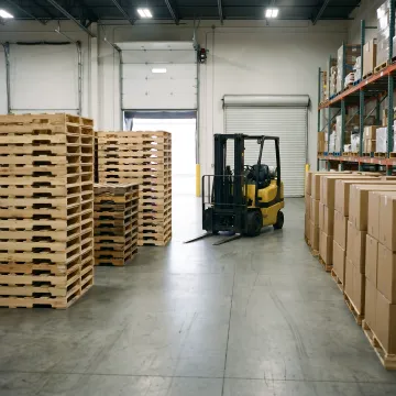 Wood pallets stacked in warehouse