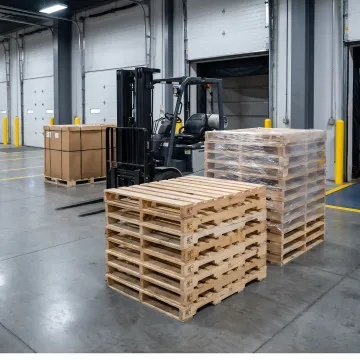 Custom wood pallets stacked in a warehouse