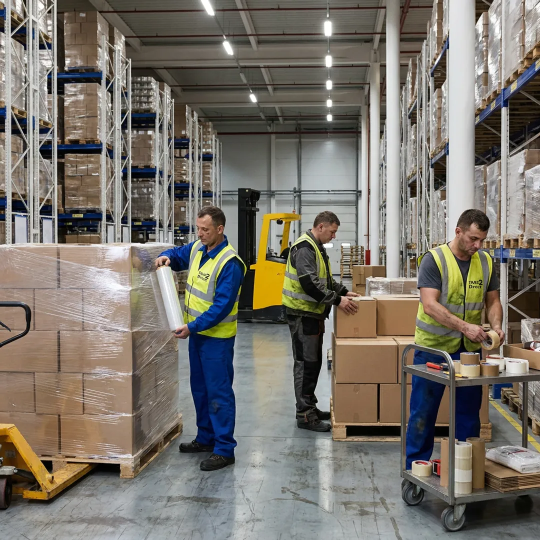 Warehouse team preparing pallets and packaging supplies