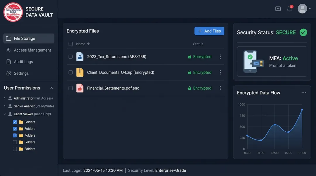 Encrypted cloud file storage security dashboard protecting outsourced bookkeeping financial data