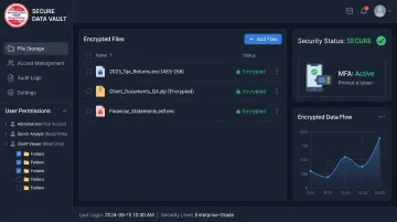 Encrypted cloud file storage security dashboard protecting outsourced bookkeeping financial data