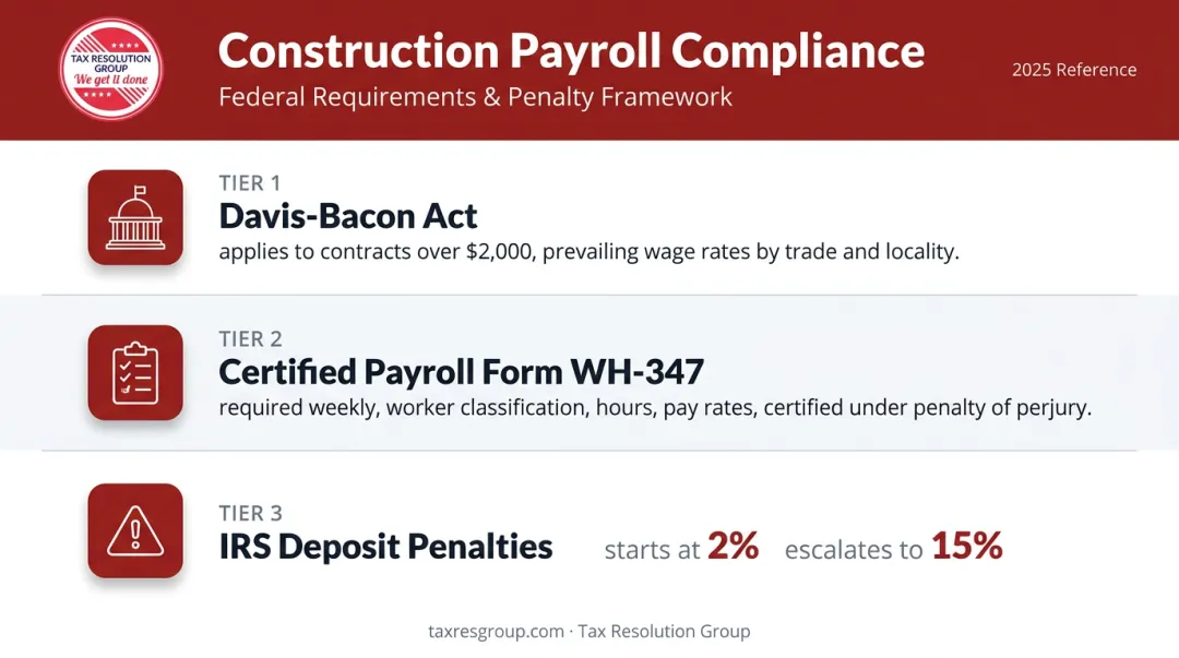 Construction payroll compliance requirements Davis-Bacon certified payroll and IRS penalties overview