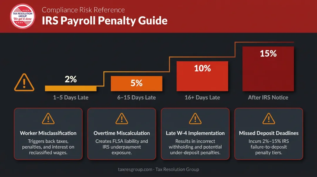 IRS failure-to-deposit penalty tiers and common payroll errors with financial consequences